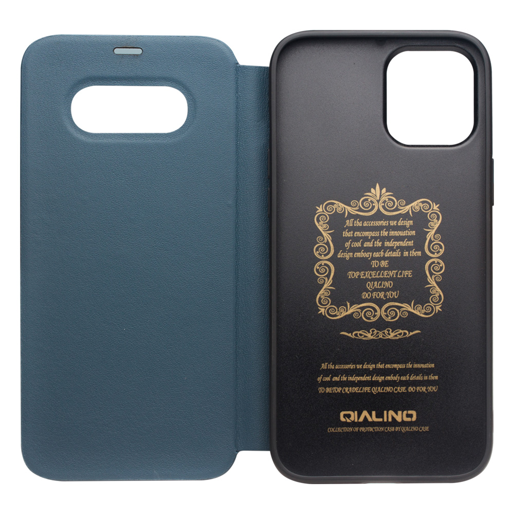 Fourre iPhone 12 / 12 Pro - Qialino Window Flip cuir véritable - Bleu