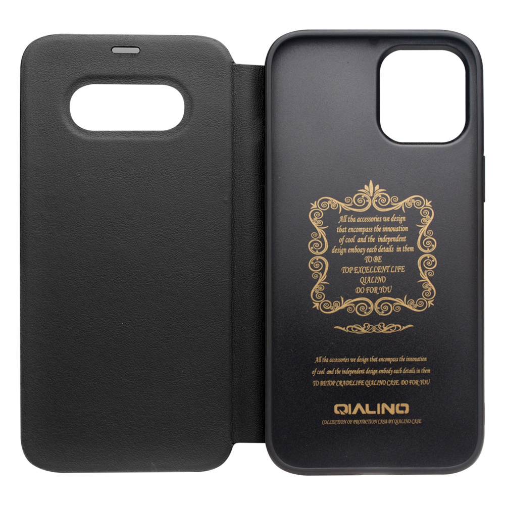 Fourre iPhone 12 / 12 Pro - Qialino Window Flip cuir véritable - Noir