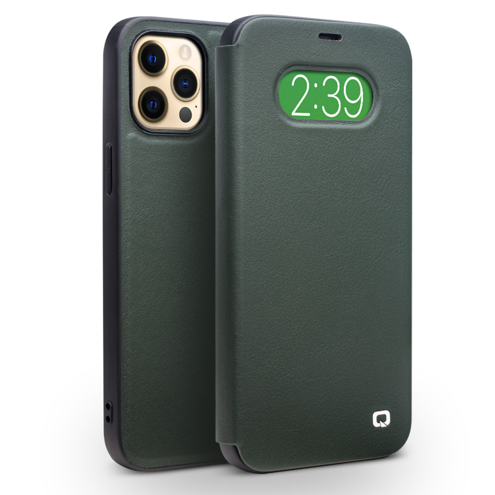 Fourre iPhone 12 / 12 Pro - Qialino Window Flip cuir véritable - Vert