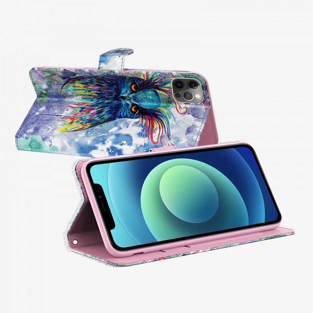 Fourre iPhone 13 Pro Max - 3D Flip Hibou multicol- Or
