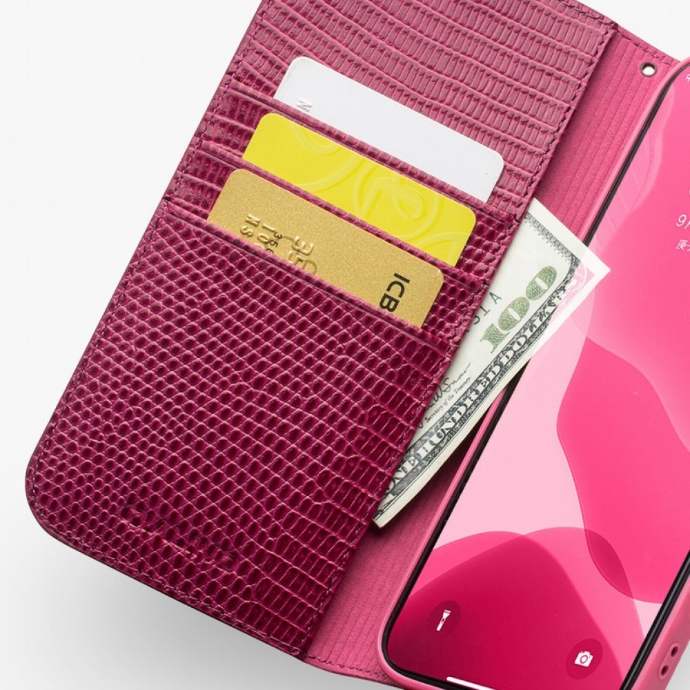 Hülle iPhone 12 Pro Max - Qialino Croco Flip Echtleder - Rosa