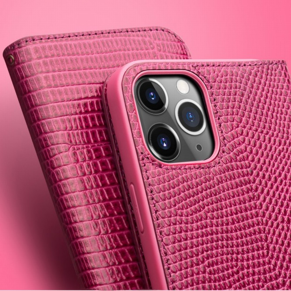 Fourre iPhone 12 Pro Max - Flip Croco Qialino cuir véritable - Rose