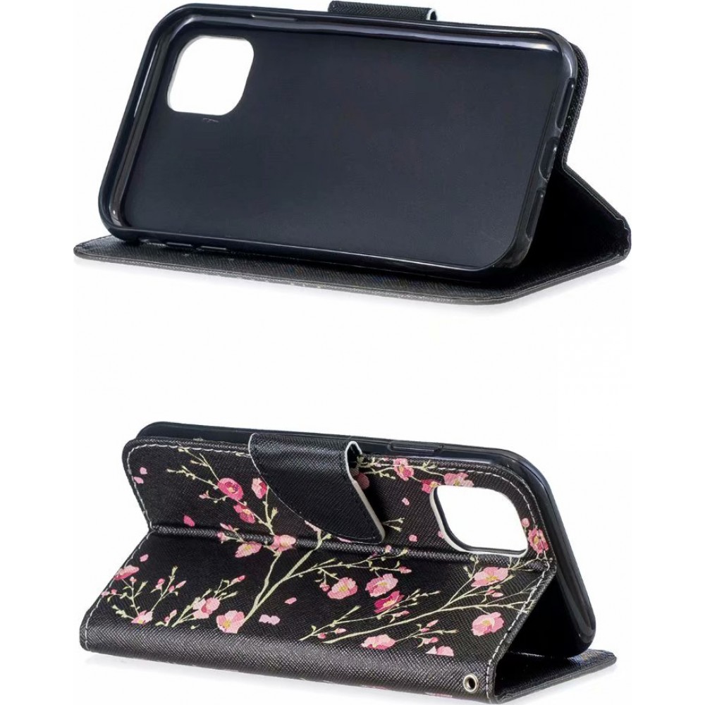 Fourre iPhone 13 mini - Flip fleurs cerisier - Noir