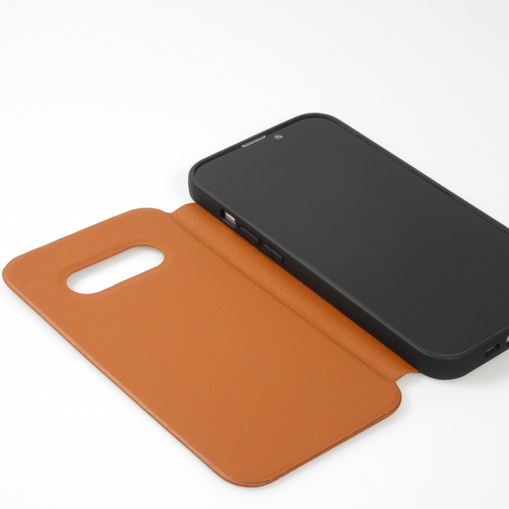 Fourre iPhone 13 mini - Qialino Window Flip cuir véritable - Brun