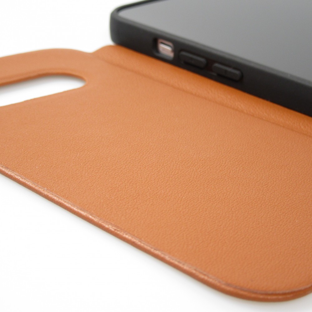 Fourre iPhone 13 mini - Qialino Window Flip cuir véritable - Brun