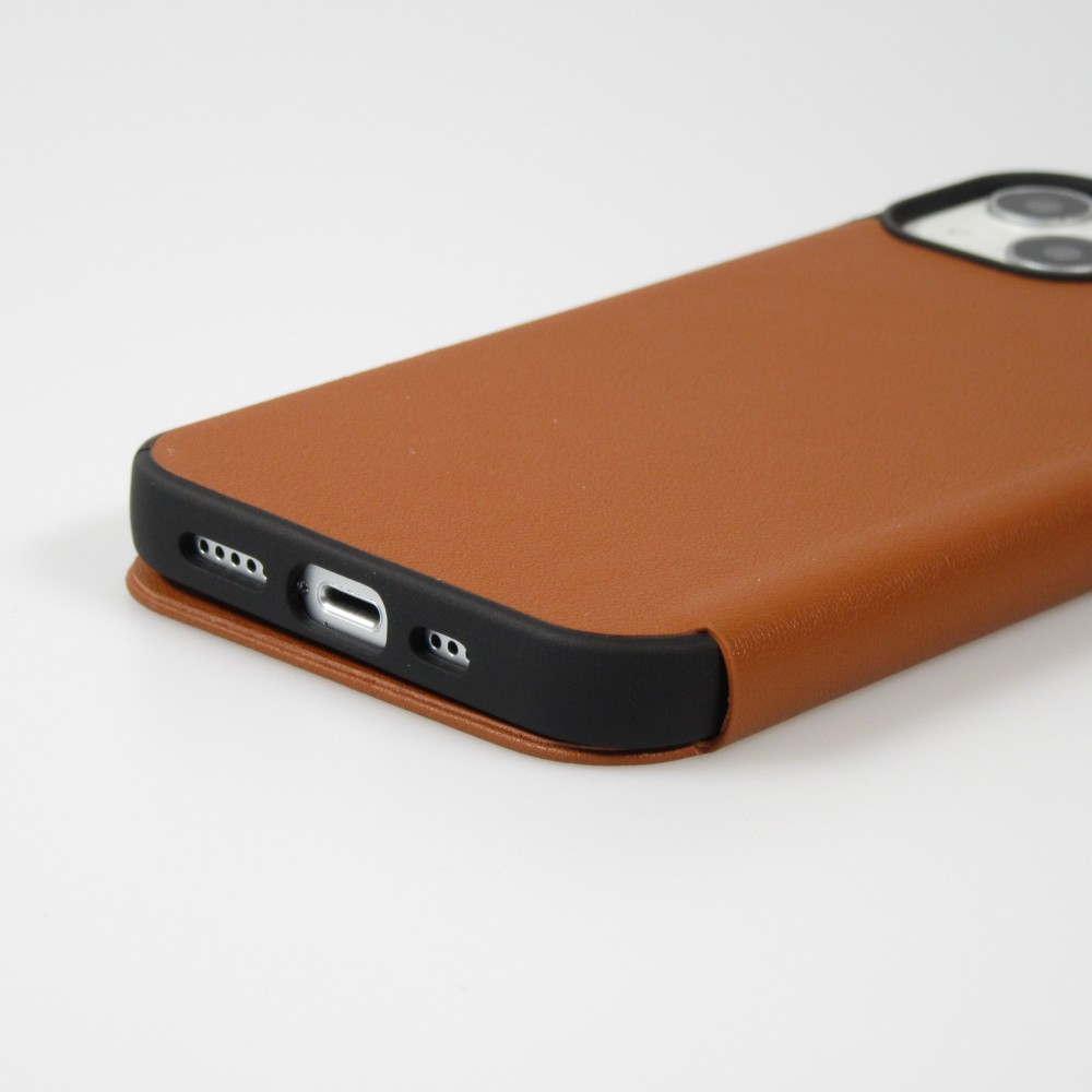 Fourre iPhone 13 mini - Qialino Window Flip cuir véritable - Brun