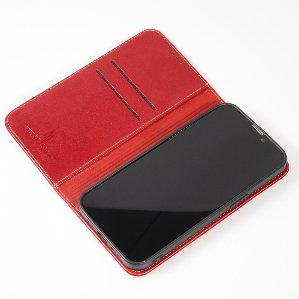 Fourre iPhone 13 - Flip Fierre Shann cuir véritable - Rouge