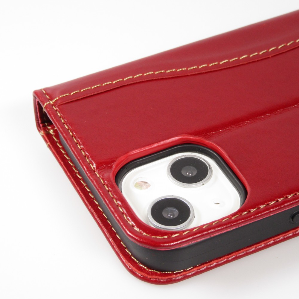 Fourre iPhone 13 - Flip Fierre Shann cuir véritable - Rouge