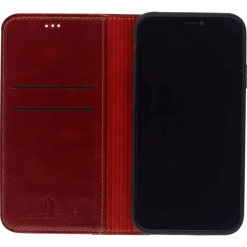 Fourre iPhone 13 - Flip Fierre Shann cuir véritable - Rouge