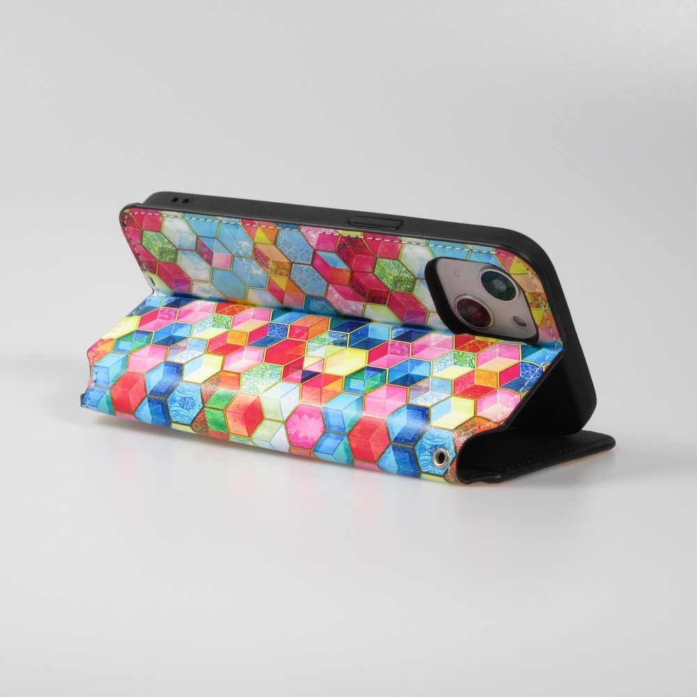 Fourre iPhone 13 - Flip Géométrique cubes avec rangement pour cartes de crédit, billet, carte SIM - multi-couleurs