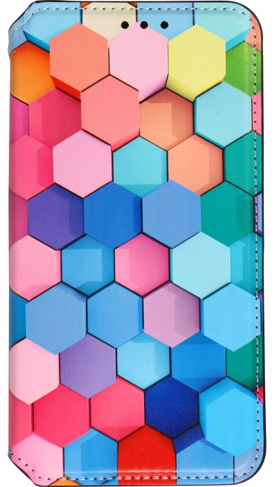 Fourre iPhone 13 - Flip Géométrique hexagones avec rangement pour cartes de crédit, billet, carte SIM - Multi-couleurs