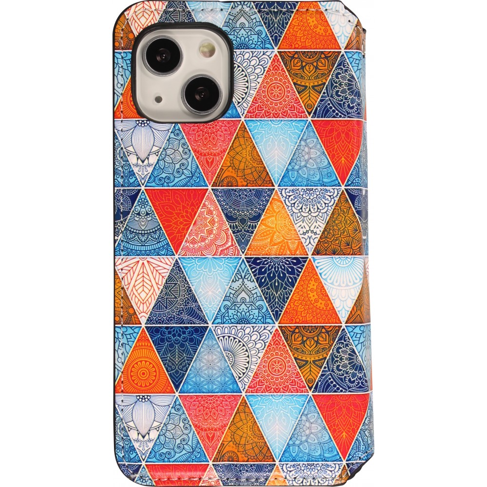 iPhone 13 Case Hülle - Flip Geometrische orientalische Dreiecke mit Ablage für Kreditkarten, Ticket, SIM-Karte