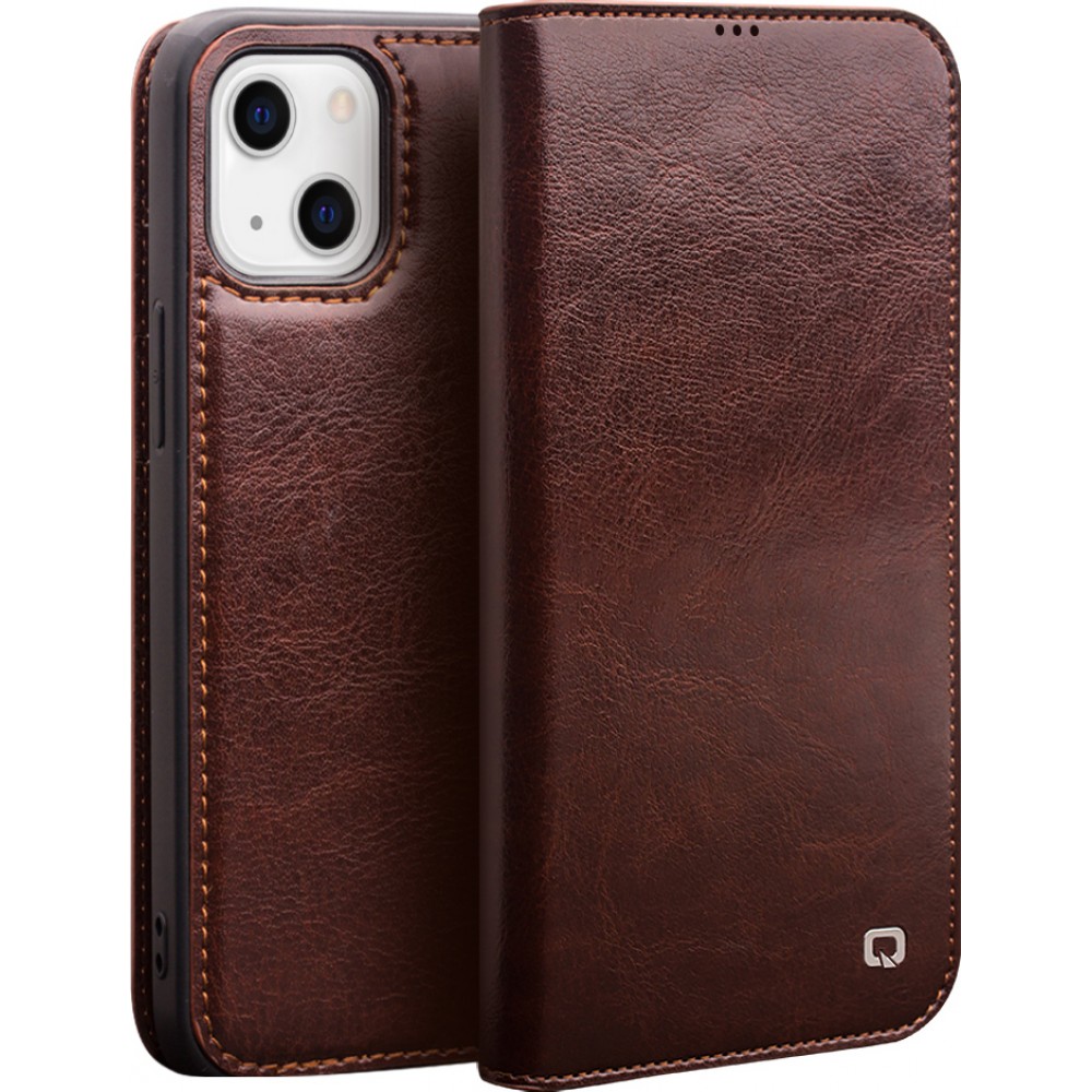 Fourre iPhone 13 - Flip Qialino cuir véritable - Brun