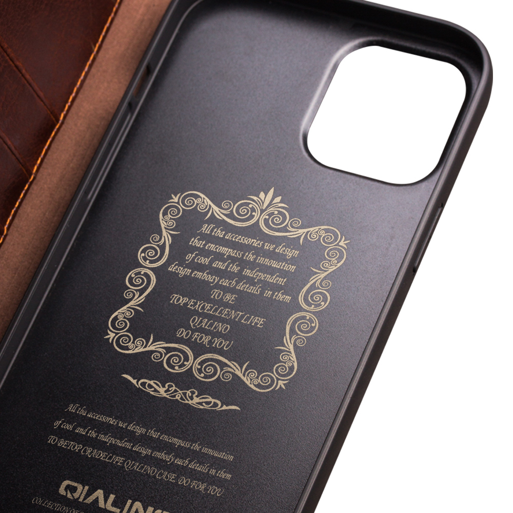 Fourre iPhone 13 - Flip Qialino cuir véritable - Brun