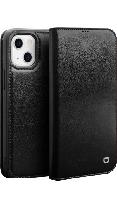 Fourre iPhone 13 - Flip Qialino cuir véritable - Noir
