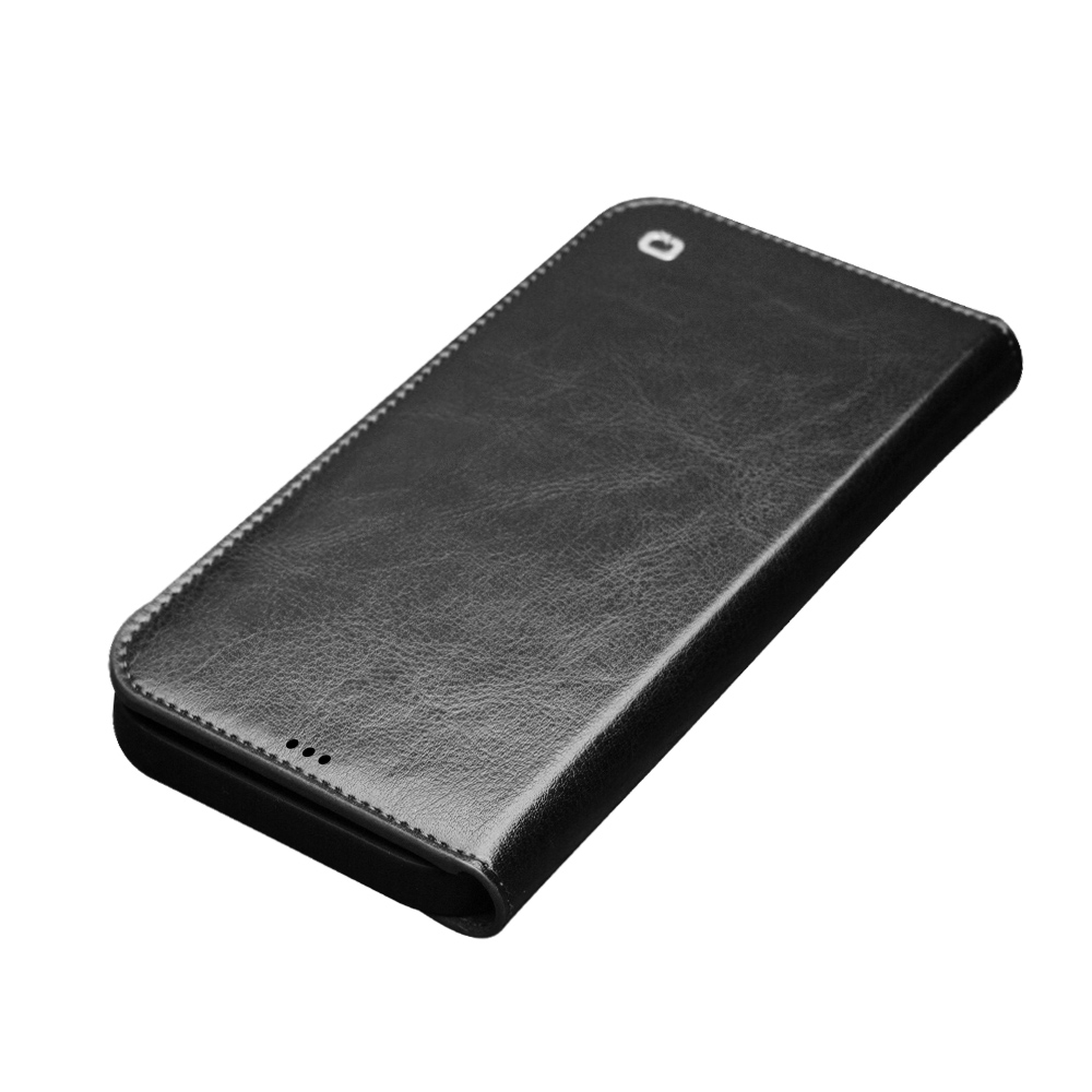 Fourre iPhone 13 - Flip Qialino cuir véritable - Noir