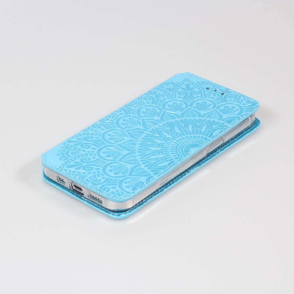 Fourre iPhone 13 - Flip Wallet fashion mandala design artistique - Bleu clair