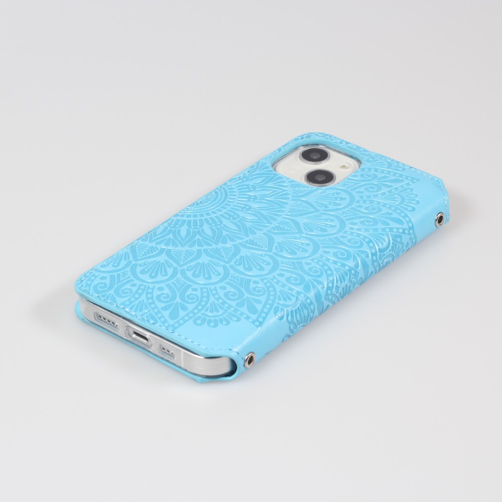 Fourre iPhone 13 - Flip Wallet fashion mandala design artistique - Bleu clair