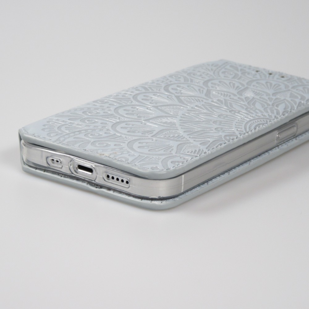 iPhone 13 Case Hülle - Flip Wallet Fashion künstlerisches Mandala Design  - Grau