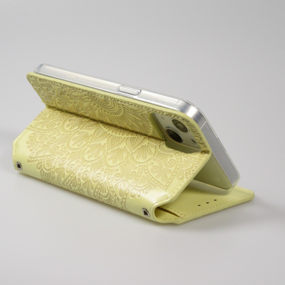 iPhone 13 Case Hülle - Flip Wallet Fashion künstlerisches Mandala Design  - Gelb