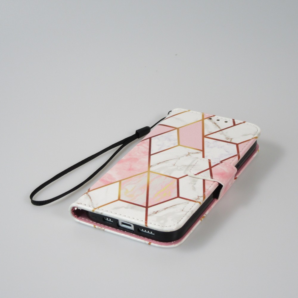 Fourre iPhone 13 - Flip Wallet marble geometric lines avec fermeture à aimant - Rose