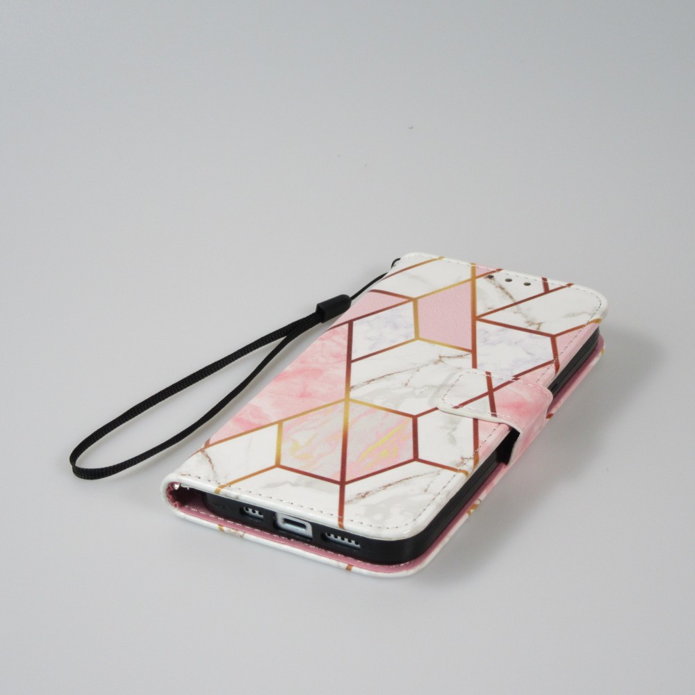 iPhone 13 Case Hülle - Flip Wallet marmor geometric lines mit Magnet Verschluss - Rosa