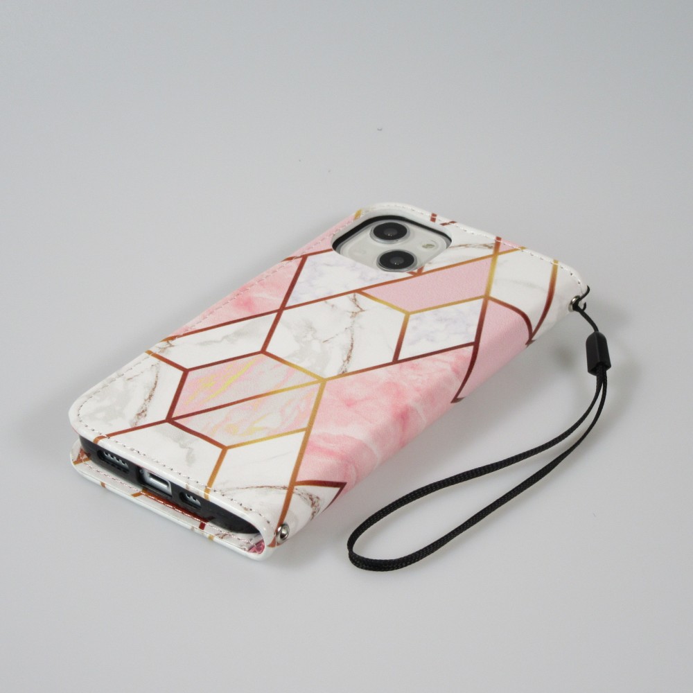 Fourre iPhone 13 - Flip Wallet marble geometric lines avec fermeture à aimant - Rose