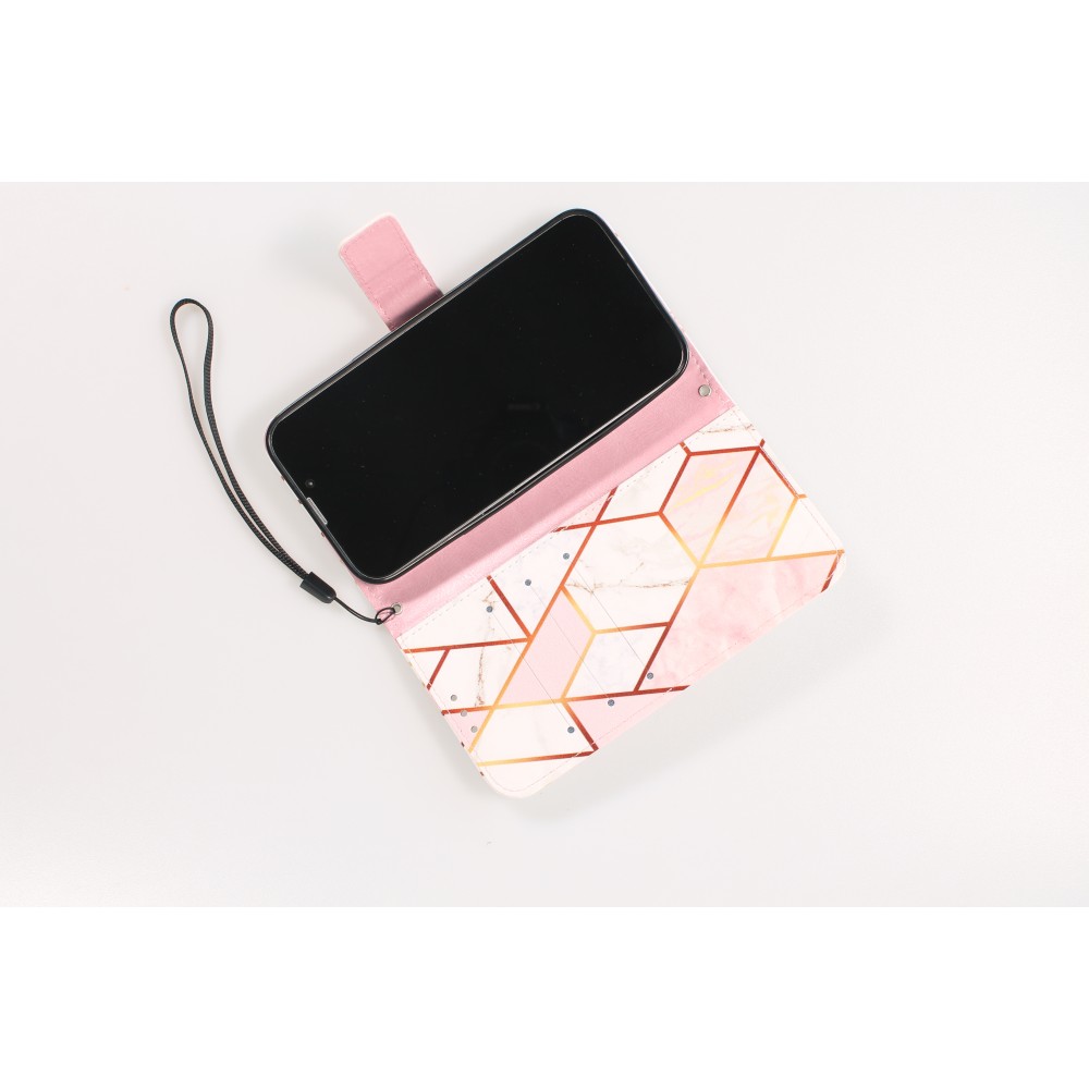 iPhone 13 Case Hülle - Flip Wallet marmor geometric lines mit Magnet Verschluss - Rosa