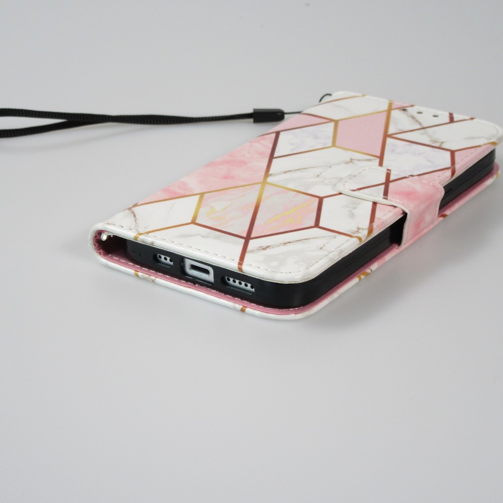 Fourre iPhone 13 - Flip Wallet marble geometric lines avec fermeture à aimant - Rose