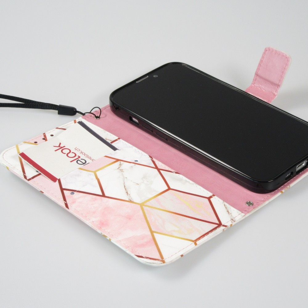 iPhone 13 Case Hülle - Flip Wallet marmor geometric lines mit Magnet Verschluss - Rosa