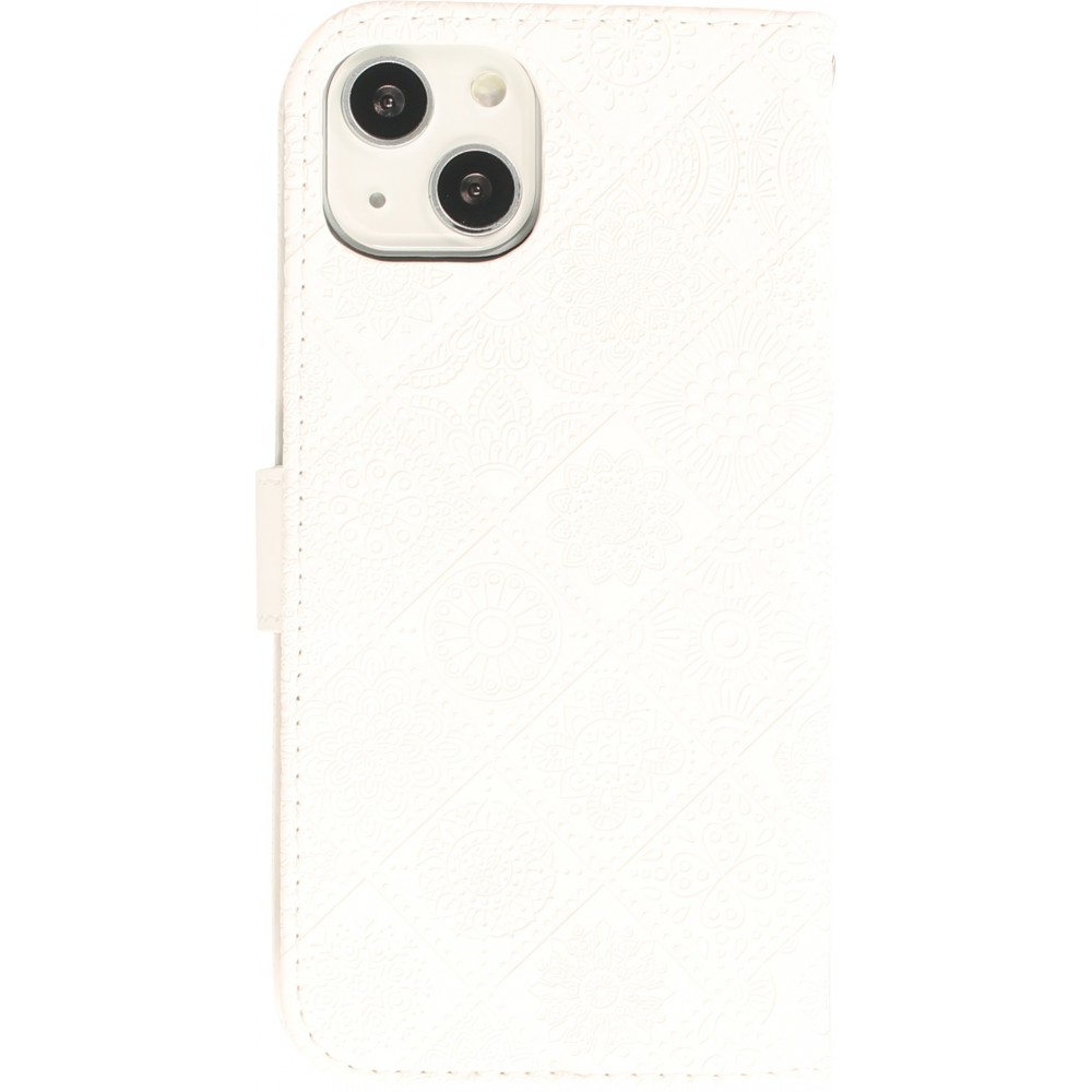 Fourre iPhone 13 - Premium Flip Wallet caoutchouc motif oriental avec fermeture aimantée - Blanc