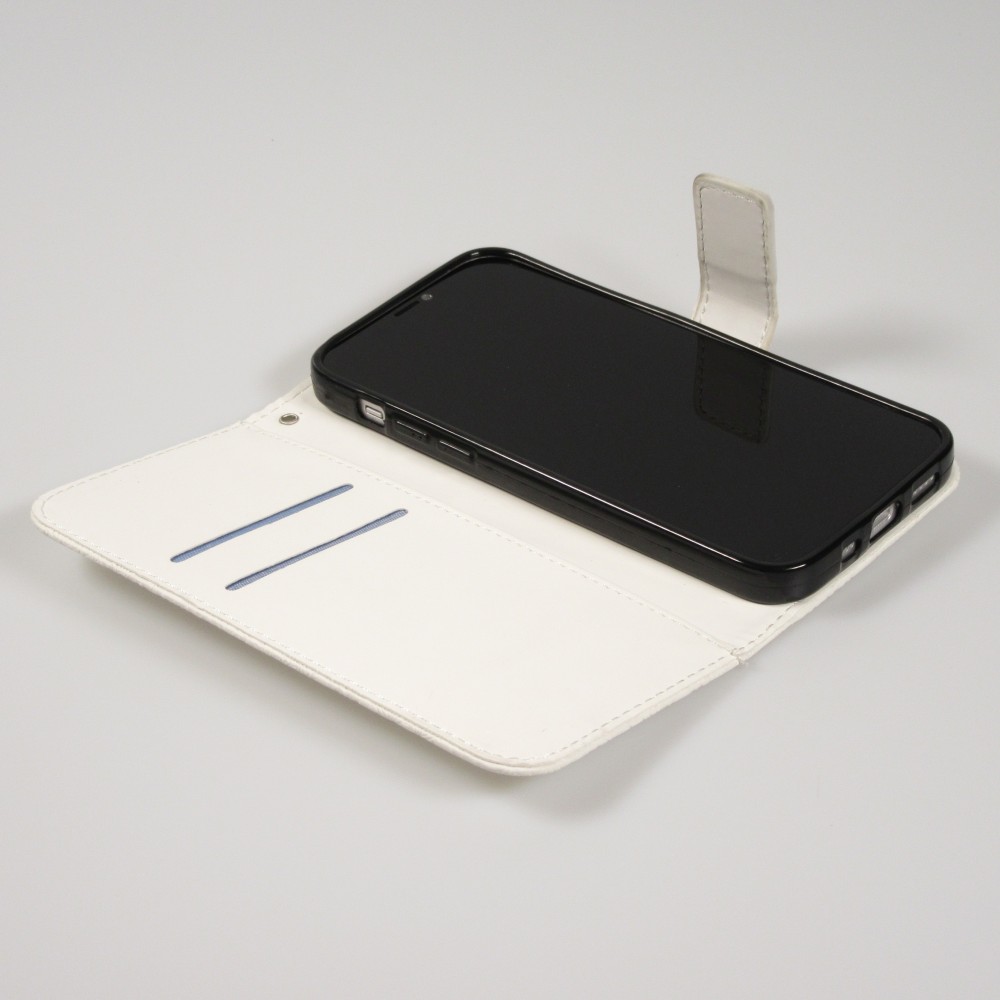 Fourre iPhone 13 - Premium Flip Wallet caoutchouc motif oriental avec fermeture aimantée - Blanc