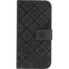 Fourre iPhone 13 - Premium Flip Wallet caoutchouc motif oriental avec fermeture aimantée - Noir