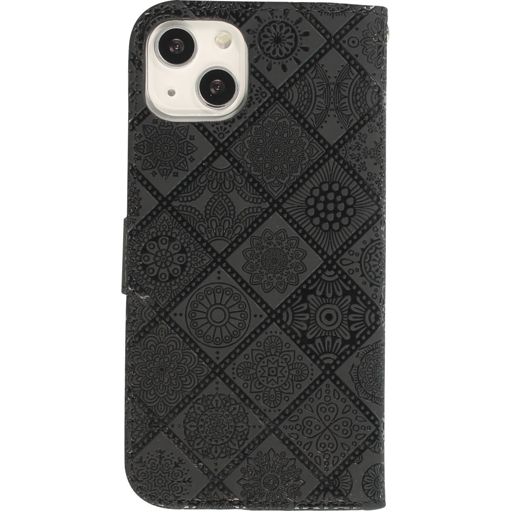 iPhone 13 Case Hülle - Premium Flip Wallet Kautschuk oriental Muster mit Magnetverschluss - Schwarz