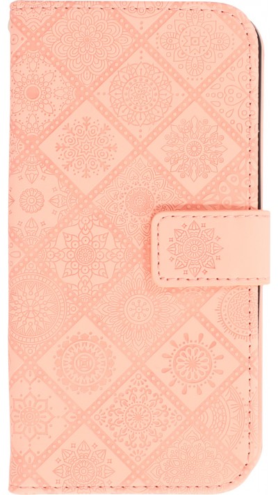 iPhone 13 Case Hülle - Premium Flip Wallet Kautschuk oriental Muster mit Magnetverschluss - Rosa