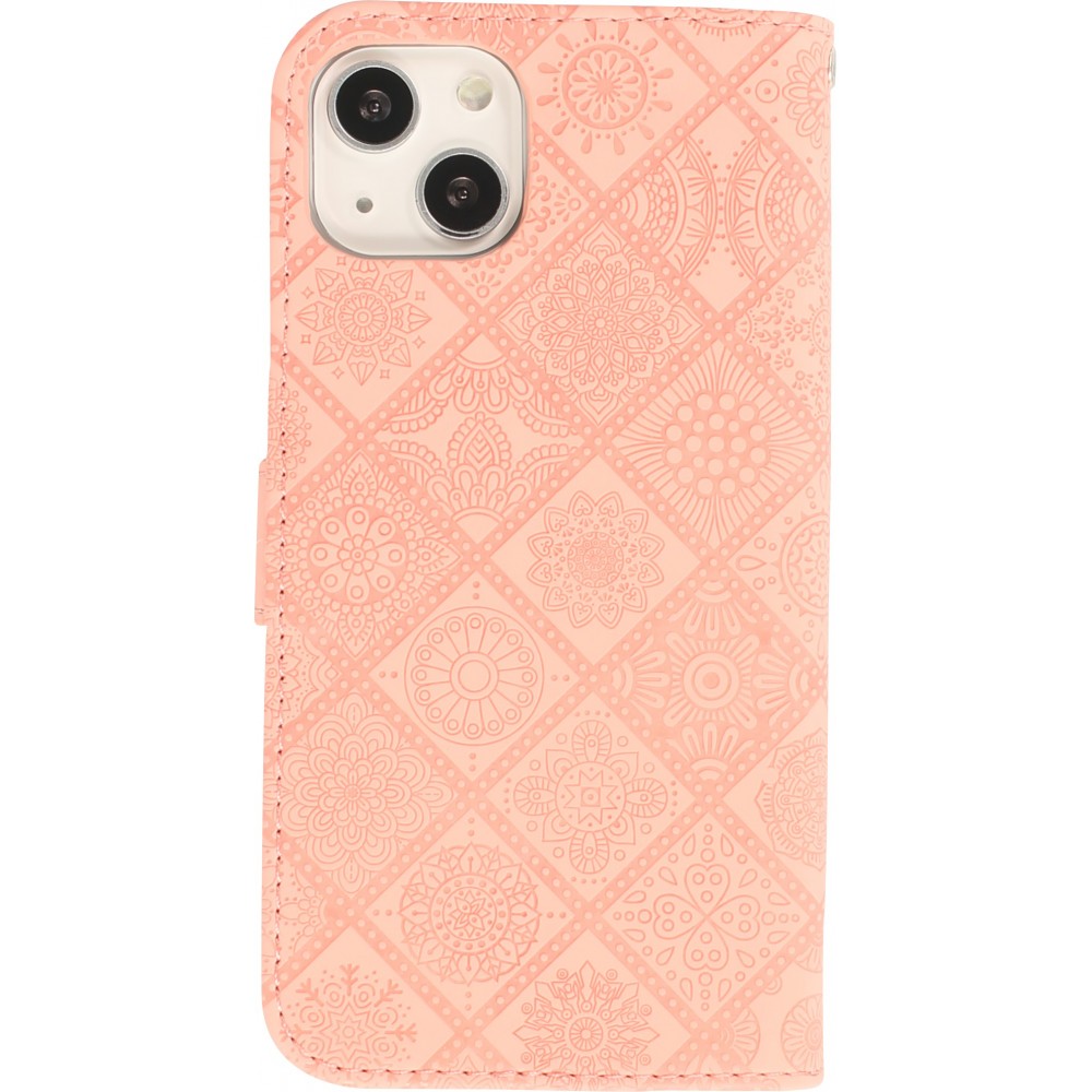 Fourre iPhone 13 - Premium Flip Wallet caoutchouc motif oriental avec fermeture aimantée - Rose
