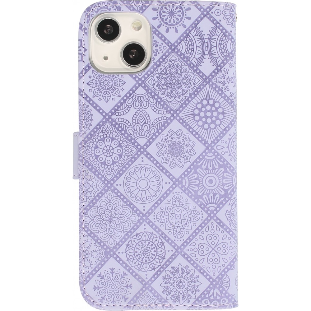 iPhone 13 Case Hülle - Premium Flip Wallet Kautschuk oriental Muster mit Magnetverschluss - Violett