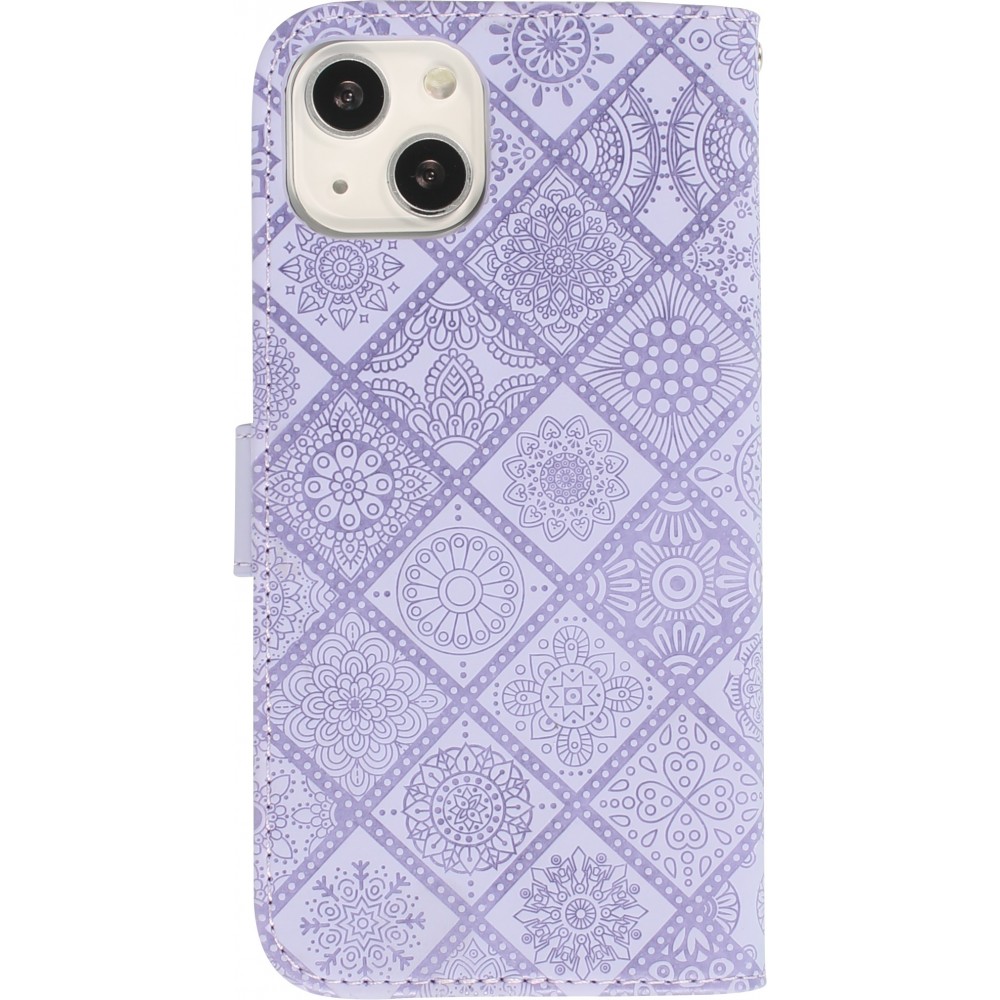 Fourre iPhone 13 - Premium Flip Wallet caoutchouc motif oriental avec fermeture aimantée - Violet