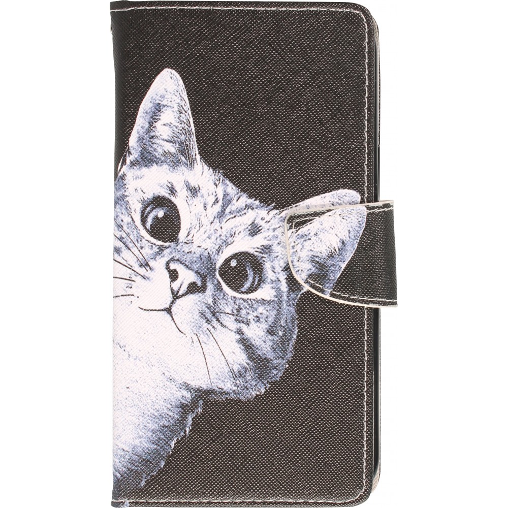 Fourre iPhone 13 - Premium Wallet flip fermeture magnétique et porte-carte - Cat Looking at you - Noir