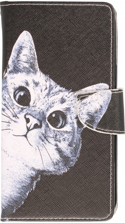 iPhone 13 Case Hülle - Premium Wallet Flip-Magnetverschluss und Kartenfach - Cat Looking at you - Schwarz