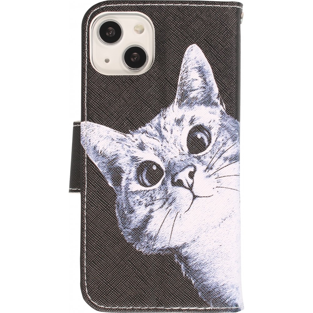 iPhone 13 Case Hülle - Premium Wallet Flip-Magnetverschluss und Kartenfach - Cat Looking at you - Schwarz