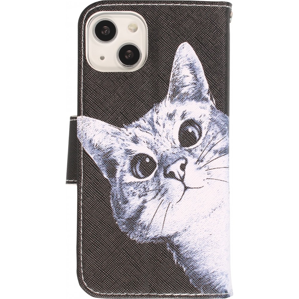 Fourre iPhone 13 - Premium Wallet flip fermeture magnétique et porte-carte - Cat Looking at you - Noir