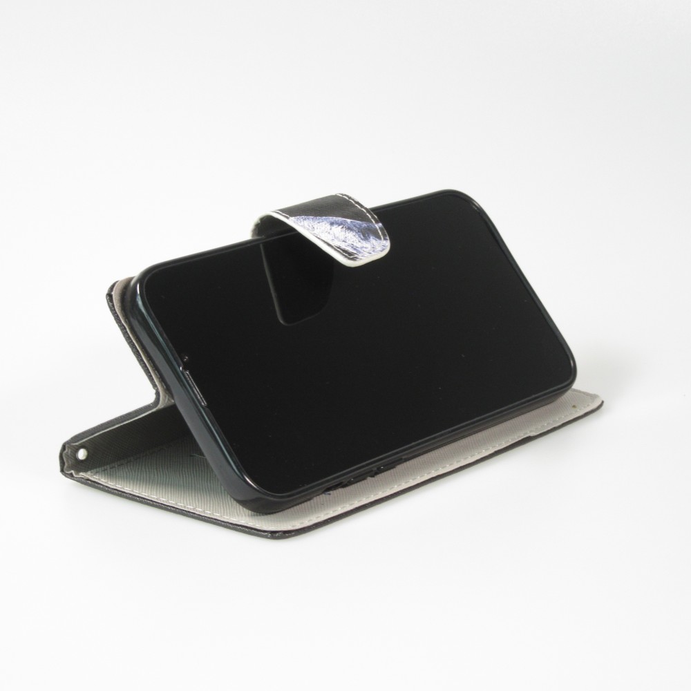 Fourre iPhone 13 - Premium Wallet flip fermeture magnétique et porte-carte - Cat Looking at you - Noir