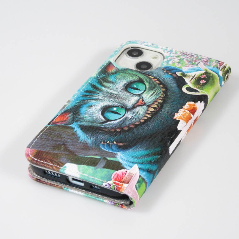 iPhone 13 Case Hülle - Premium Wallet Flip-Magnetverschluss und Kartenfach - Cheshire Cat