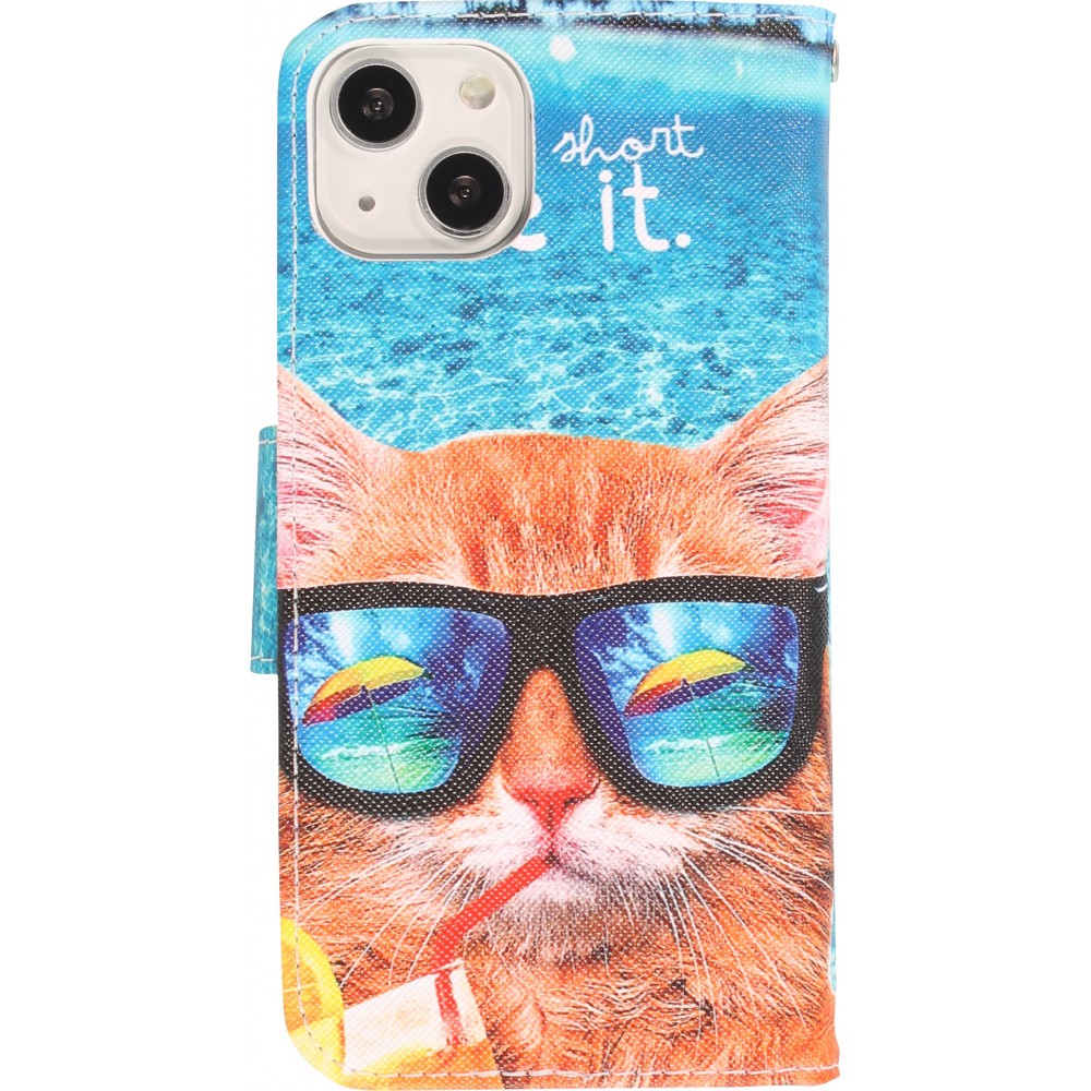iPhone 13 Case Hülle - Premium Wallet Flip-Magnetverschluss und Kartenfach - Cool Cat sunglasses
