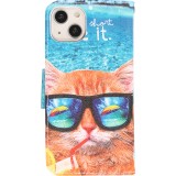 iPhone 13 Case Hülle - Premium Wallet Flip-Magnetverschluss und Kartenfach - Cool Cat sunglasses