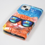 iPhone 13 Case Hülle - Premium Wallet Flip-Magnetverschluss und Kartenfach - Cool Cat sunglasses