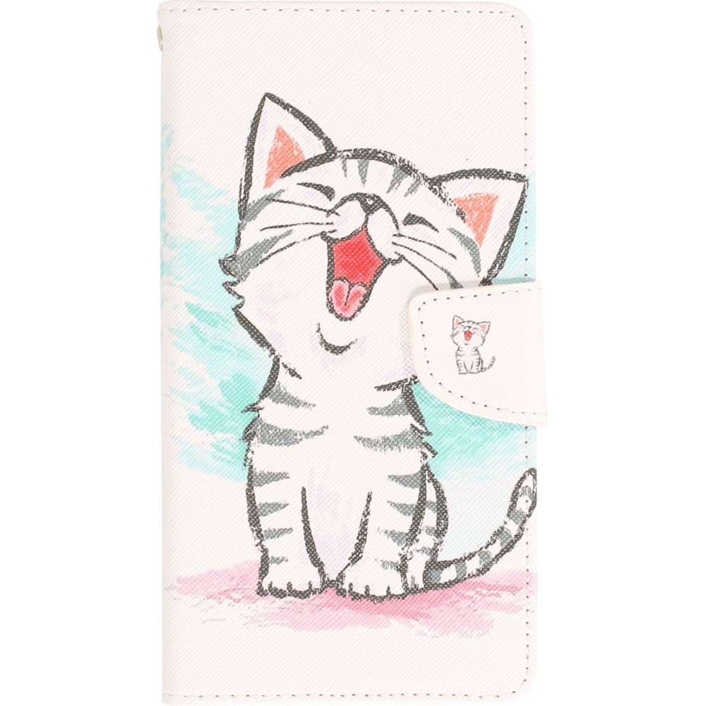 Fourre iPhone 13 - Premium Wallet flip fermeture magnétique et porte-carte - Cute happy kitten - Blanc