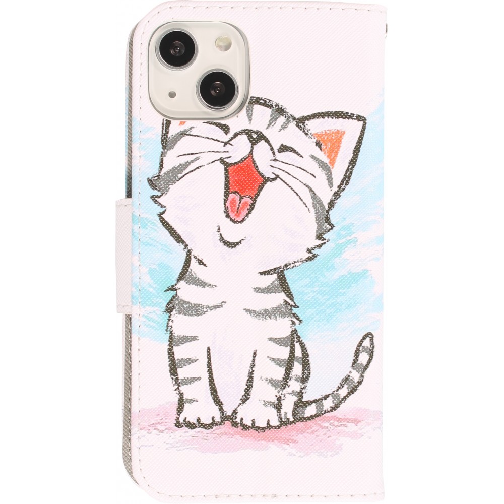Fourre iPhone 13 - Premium Wallet flip fermeture magnétique et porte-carte - Cute happy kitten - Blanc