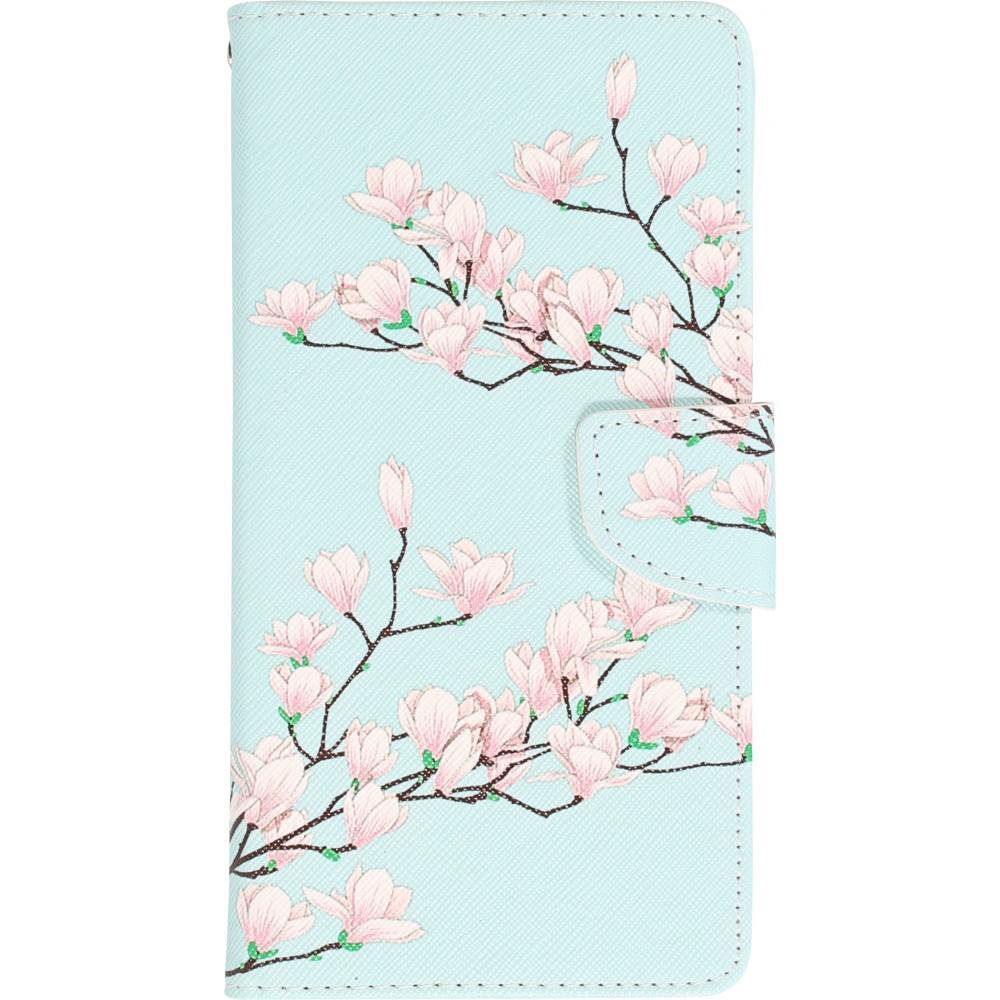 iPhone 13 Case Hülle - Premium Wallet Flip-Magnetverschluss und Kartenfach - Sakura Baum - Hellblau